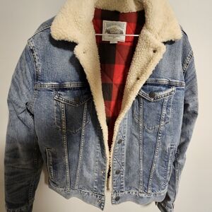 American Eagle By Payless Blue Denim Sherpa Jacket with Red Plaid Lining